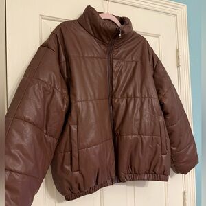 women’s brown faux leather cropped puffer coat - arula!